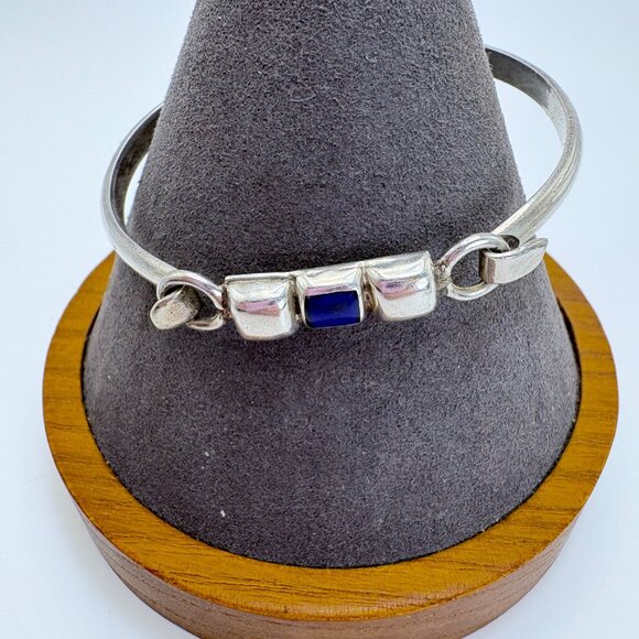 VTG Sterling Silver 925 Lapis Lazuli Hinged Bangle Bracelet Size 7.5" Fit - Picture 1 of 11